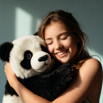 Girl hugs a big panda toy indoors