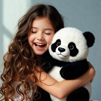 Child hugging a stuffed panda toy indoors