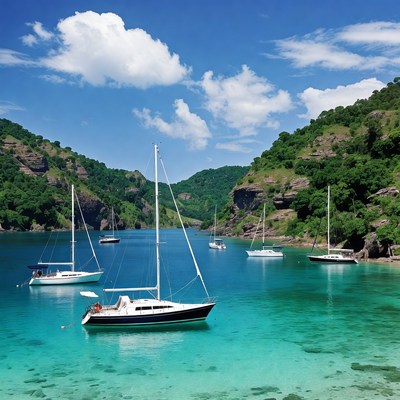 Sailboats anchored in a bay