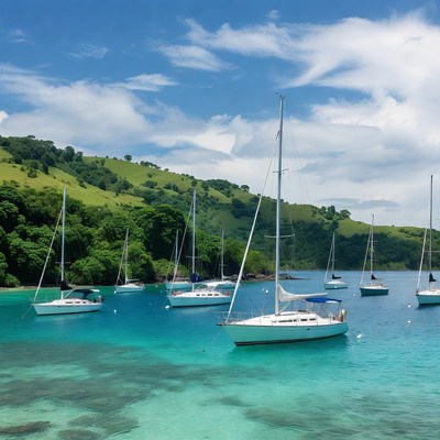 Sailboats at calm tropical bay