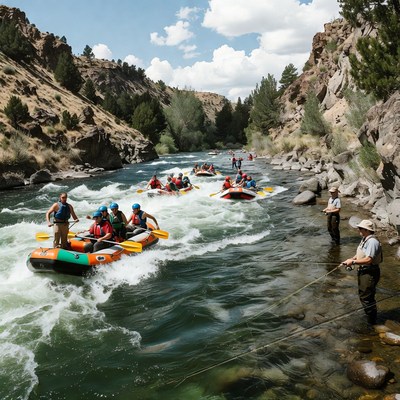 Group rafting in mountain river