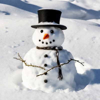 Snowman in snowy landscape with accessories