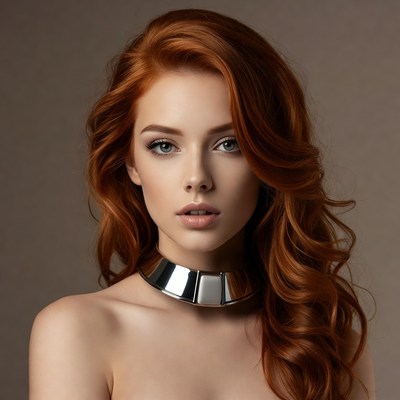 Woman with red hair and necklace poses