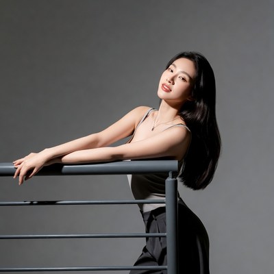 Model posing by metal railing indoors
