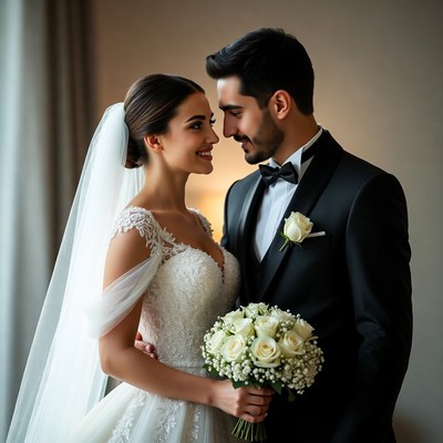 Couple smiles during wedding ceremony