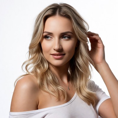 Blonde woman with long hair in studio