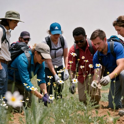 Volunteers working in a flower garden