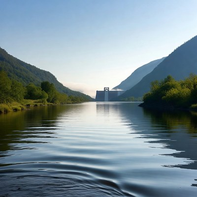 River flowing past dam in mountains