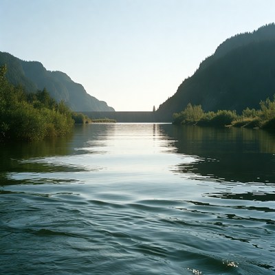 River surrounded by mountains at dusk