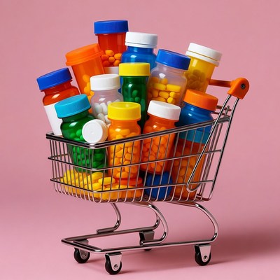 Shopping cart full of medicine bottles