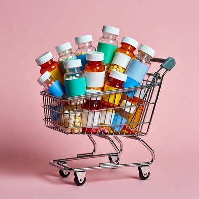 Shopping cart filled with bottles of medicine