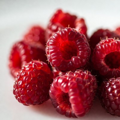 Fresh red raspberries stacked together