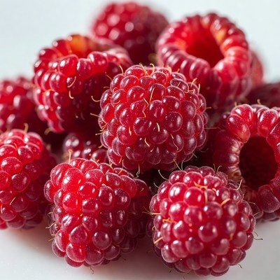 Fresh raspberries on a white surface