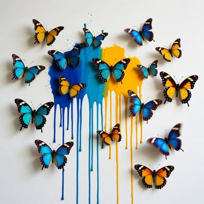Colorful butterflies on wall with paint