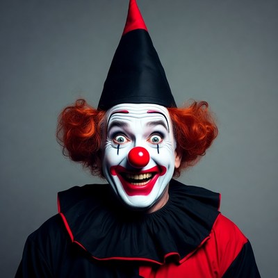 Clown with red hair and big smile