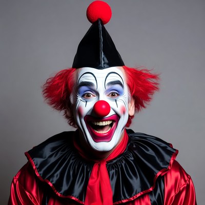 Clown shows bright smile in costume