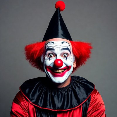 Clown with bright red hair and makeup