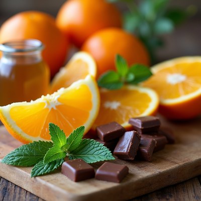 Chocolate and orange on wooden board