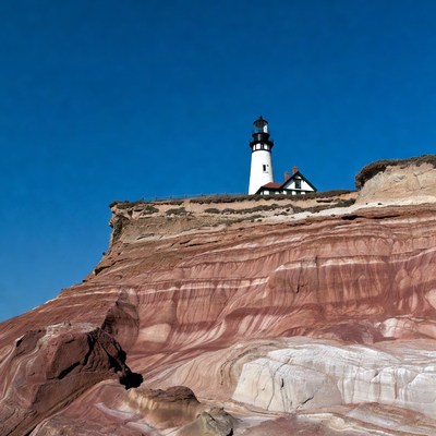 Lighthouse on rocky cliff by ocean