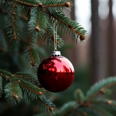 Red ornament on a green tree branch
