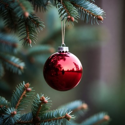 Red ornament hanging on a tree