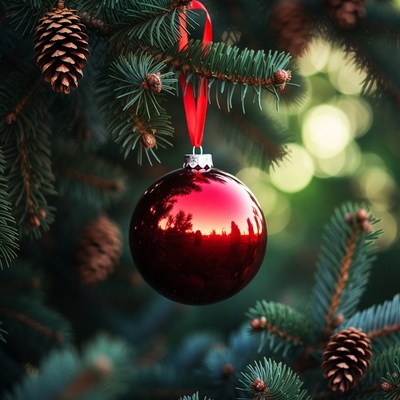 Red ornament hanging on green tree