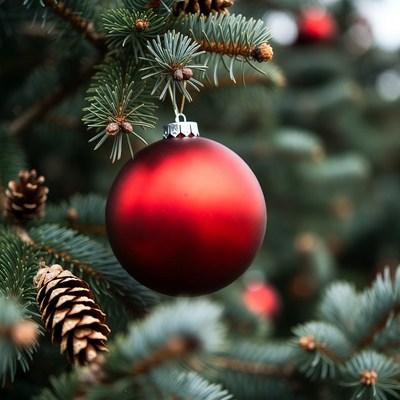 Red ornament hangs from tree