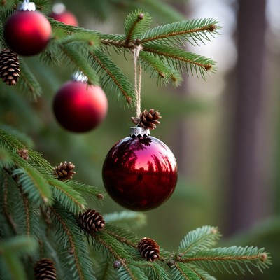 Red ornament hangs on spruce branch
