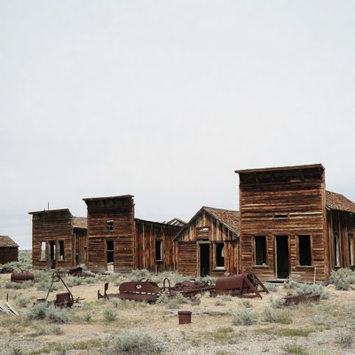 Old wooden buildings in desert town