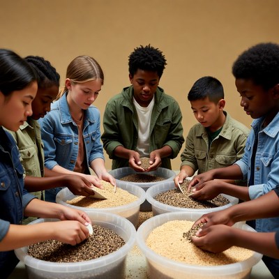 Kids sorting seeds together in a group