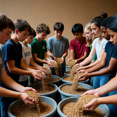 Kids working together with grains