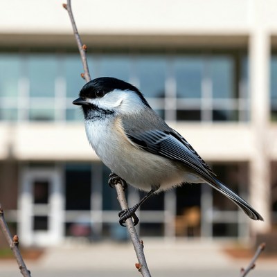 Bird perched on branch outside building