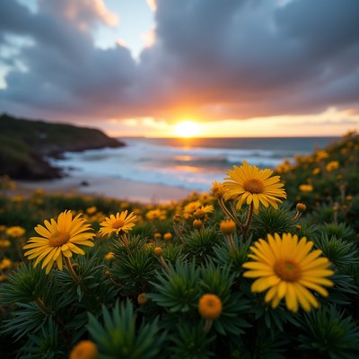 Sunset over flowers by the beach