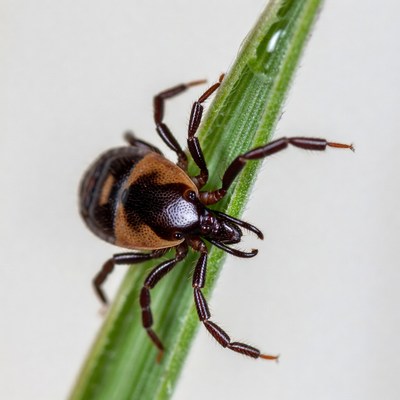 Tick climbing a green blade of grass