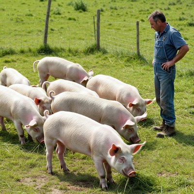 Farmer with pigs on green farm
