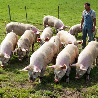 Farmer interacts with pigs in pasture