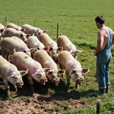 Farmer cares for pigs in green field