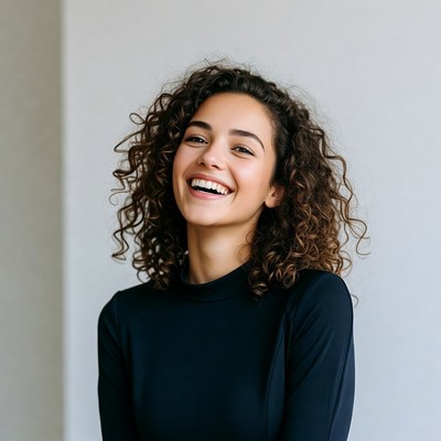 Woman smiles with curly hair indoors
