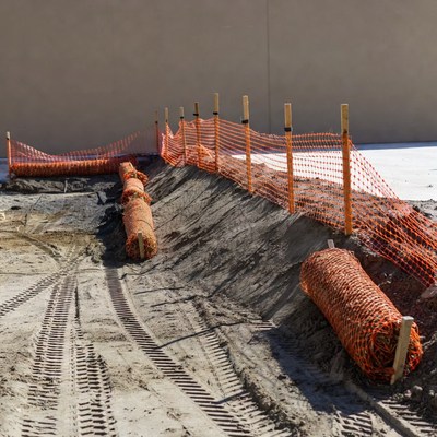 Construction site with safety barriers in place