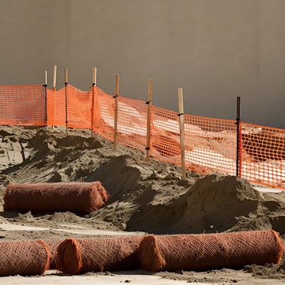 Construction site with sand and barrier