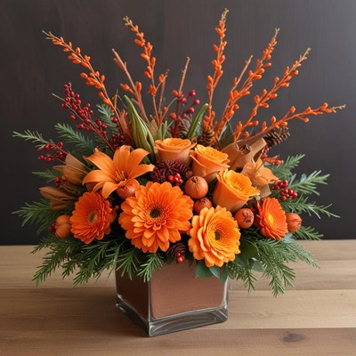 Bright orange flower arrangement with greenery
