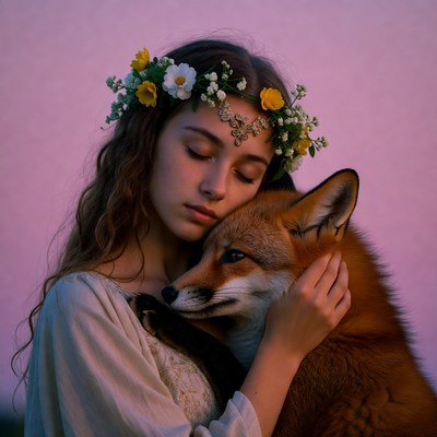 Girl with fox at sunset