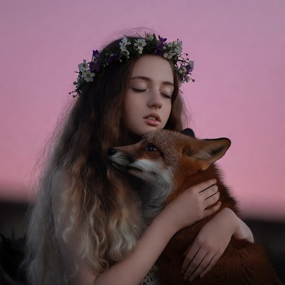 Girl hugs a fox at sunset