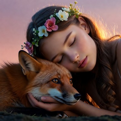 Girl resting with a fox at sunset