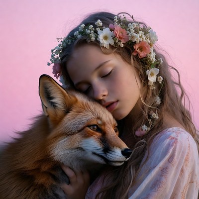 Girl with flower crown and fox
