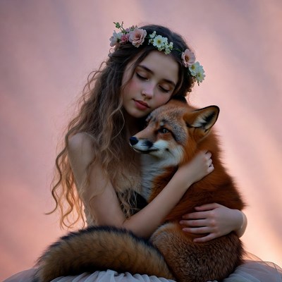 Girl hugs fox at sunset