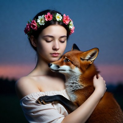 Girl with fox at sunset