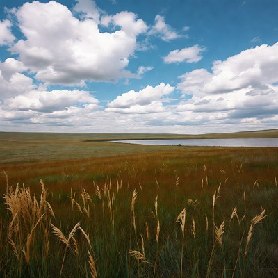Open field near a lake under clouds