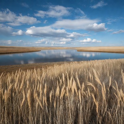 Wide open field with water and clouds