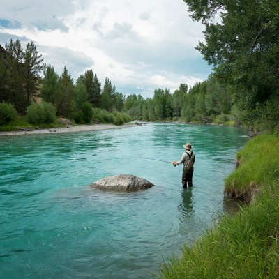Fishing in clear river water